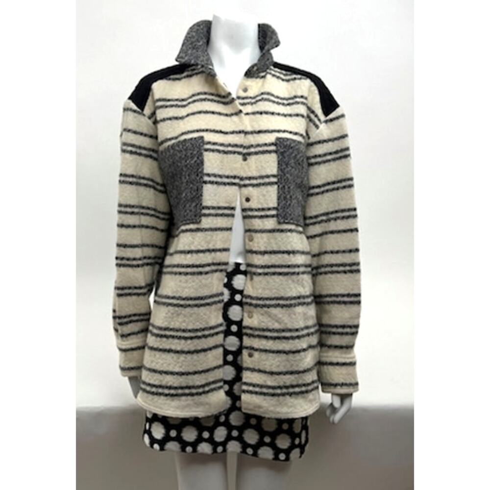 IRO Paris Cream Gray Wool Blend Striped Snap Overshirt Shacket Jacket Size 40